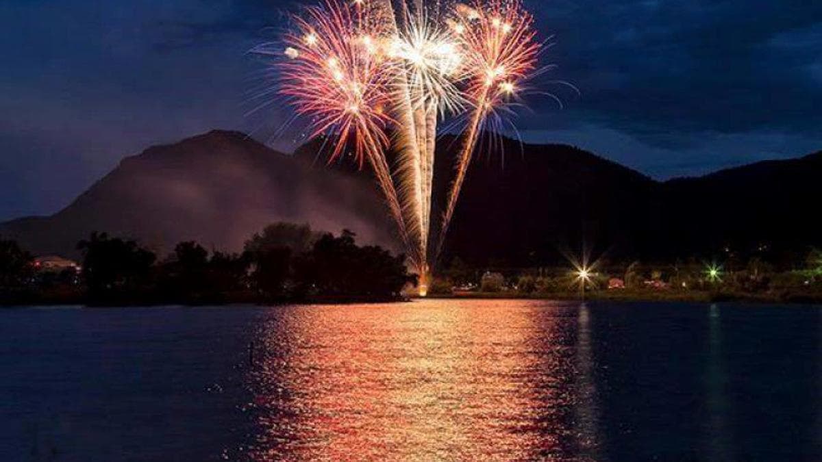 Fireworks reflecting over Palmer Lake at dusk in Palmer Lake, Colorado